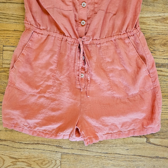 Mango Size XL 100% Linen Romper Orange Tie Waist Utility Pockets Tank Buttons - Picture 5 of 8